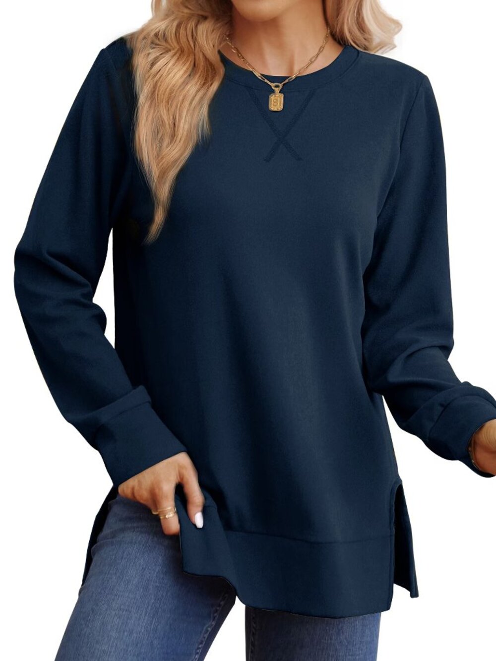 MOSHU Womens L Navy Oversized Open Side High Low Pullover Sweatshirt NWT